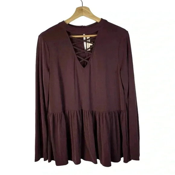 OneTheLand Maroon Red Lace Up Neck Peplum Long Sleeve Top L - Picture 1 of 3